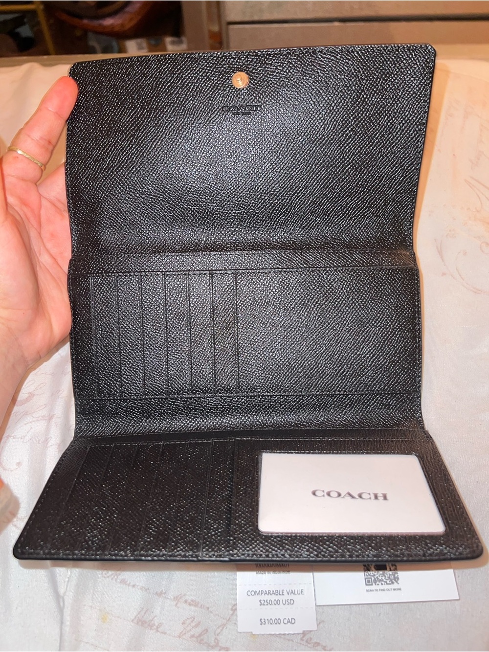 Coach Slim Black Trifold Pebbled Leather Long Wallet with Gold Logo - Picture 2 of 11